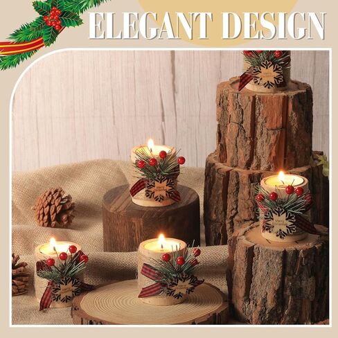 Uiifan 24 Sets Christmas Wood Tealight Candle Holder and Tea Lights Candles Set Decorative for Table Centerpiece Xmas Tealight Candles Bulk Candleholders Decor Gift (Wood Color) in Saudi Arabia