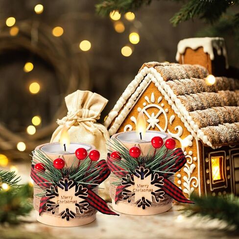 Uiifan 24 Sets Christmas Wood Tealight Candle Holder and Tea Lights Candles Set Decorative for Table Centerpiece Xmas Tealight Candles Bulk Candleholders Decor Gift (Wood Color) in Saudi Arabia
