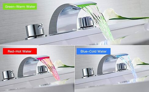 LED Faucet Waterfall Light Bathroom Sink Faucet Matte Black Widespread 8 Inch with Drain Assembly Pop Up Drain for Sink Three Hole Two Handle Vanity Modern Commercial Supply Lines in Saudi Arabia