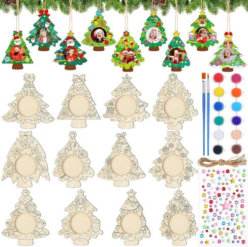 Qunclay 12 Pcs Unfinished Wood Christmas Picture Frame 12 Styles DIY Christmas Tree Photo Frame Wooden Ornaments with Paint Set for Xmas Tree Home Decoration in Saudi Arabia