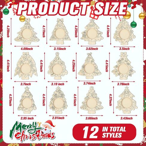 Qunclay 12 Pcs Unfinished Wood Christmas Picture Frame 12 Styles DIY Christmas Tree Photo Frame Wooden Ornaments with Paint Set for Xmas Tree Home Decoration in Saudi Arabia