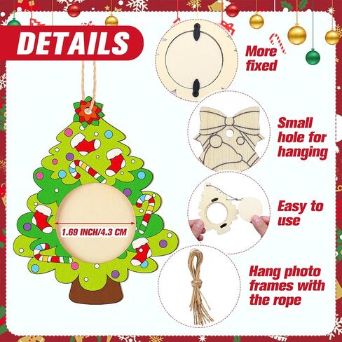 Qunclay 12 Pcs Unfinished Wood Christmas Picture Frame 12 Styles DIY Christmas Tree Photo Frame Wooden Ornaments with Paint Set for Xmas Tree Home Decoration in Saudi Arabia