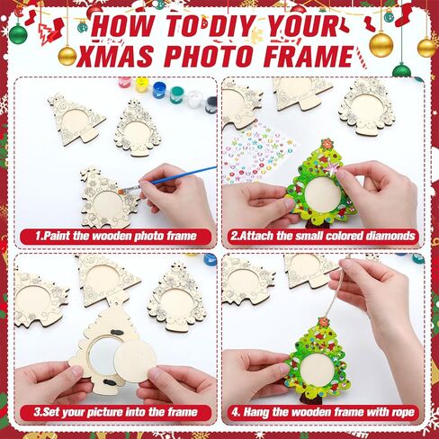 Qunclay 12 Pcs Unfinished Wood Christmas Picture Frame 12 Styles DIY Christmas Tree Photo Frame Wooden Ornaments with Paint Set for Xmas Tree Home Decoration in Saudi Arabia