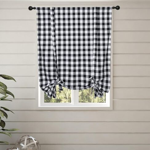 2 Pcs Tie Up Shade Buffalo Check Window Curtain Farmhouse Style Rod Pocket Kitchen Curtains, Black and White, 42 x 63 Inches in Saudi Arabia