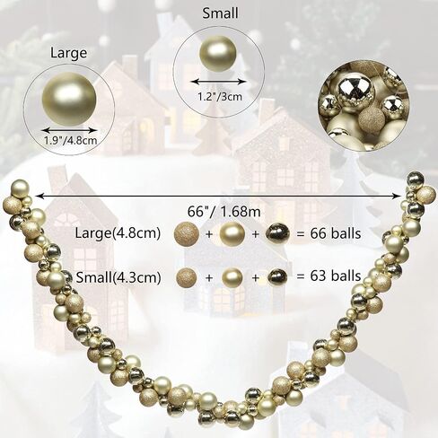 6 FEET Christmas Ball Garland Ornaments Shatterproof Xmas Hanging Balls Decorations for Home Indoor Outdoor Mantel Holiday Party Wedding Tree - Champagne Gold in Kuwait