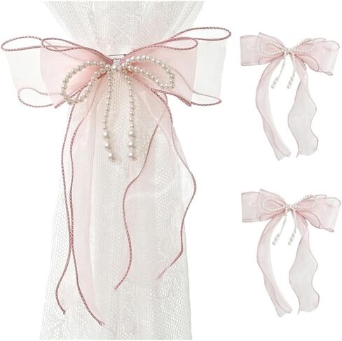 2 Pcs Bowknot Curtain Tiebacks, Butterfly Curtain Ties with Pearls, Sweet Bow Curtain Holdbacks Buckles for Home Decorative (Pink) in Saudi Arabia