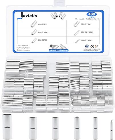 460 PCS Non Insulated Butt Connectors Kit, 6 Sizes AGW24-8 Butt Connectors for Wiring Tinned Copper Butt Splice Terminals, Uninsulated Wire Crimp Connector for Electrical Appliances Cars Boats in Kuwait