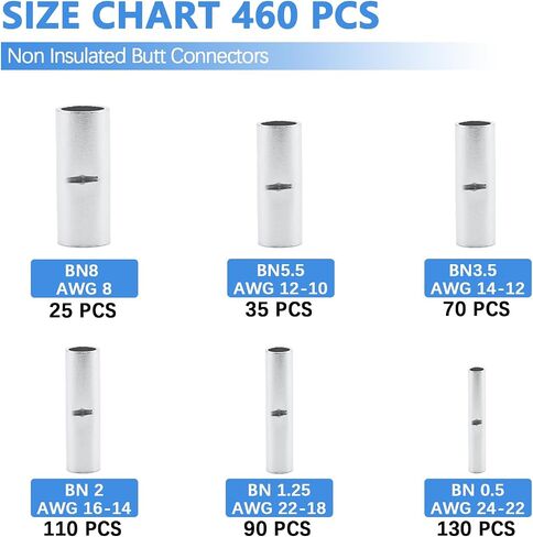 460 PCS Non Insulated Butt Connectors Kit, 6 Sizes AGW24-8 Butt Connectors for Wiring Tinned Copper Butt Splice Terminals, Uninsulated Wire Crimp Connector for Electrical Appliances Cars Boats in Kuwait