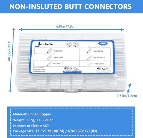 460 PCS Non Insulated Butt Connectors Kit, 6 Sizes AGW24-8 Butt Connectors for Wiring Tinned Copper Butt Splice Terminals, Uninsulated Wire Crimp Connector for Electrical Appliances Cars Boats in Kuwait