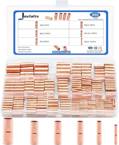460 PCS Non Insulated Butt Connectors Kit, 6 Sizes AGW24-8 Butt Connectors for Wiring Tinned Copper Butt Splice Terminals, Uninsulated Wire Crimp Connector for Electrical Appliances Cars Boats in Kuwait