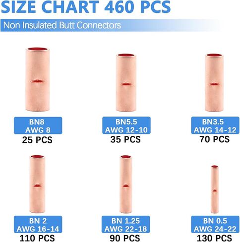 460 PCS Non Insulated Butt Connectors Kit, 6 Sizes AGW24-8 Butt Connectors for Wiring Tinned Copper Butt Splice Terminals, Uninsulated Wire Crimp Connector for Electrical Appliances Cars Boats in Kuwait