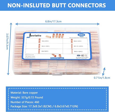 460 PCS Non Insulated Butt Connectors Kit, 6 Sizes AGW24-8 Butt Connectors for Wiring Tinned Copper Butt Splice Terminals, Uninsulated Wire Crimp Connector for Electrical Appliances Cars Boats in Kuwait