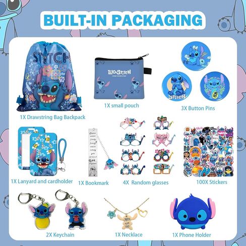 Stitch Merchandise Gift Set for Girls Drawstring Bag, Stickers, Lanyard, Necklace, Bracelet, Keychain and Button Pin in Saudi Arabia