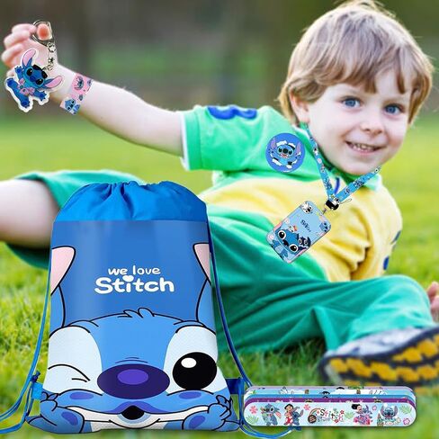 Stitch Merchandise Gift Set for Girls Drawstring Bag, Stickers, Lanyard, Necklace, Bracelet, Keychain and Button Pin in Saudi Arabia