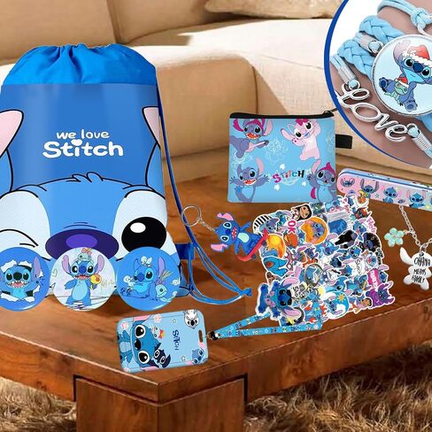 Stitch Merchandise Gift Set for Girls Drawstring Bag, Stickers, Lanyard, Necklace, Bracelet, Keychain and Button Pin in Saudi Arabia