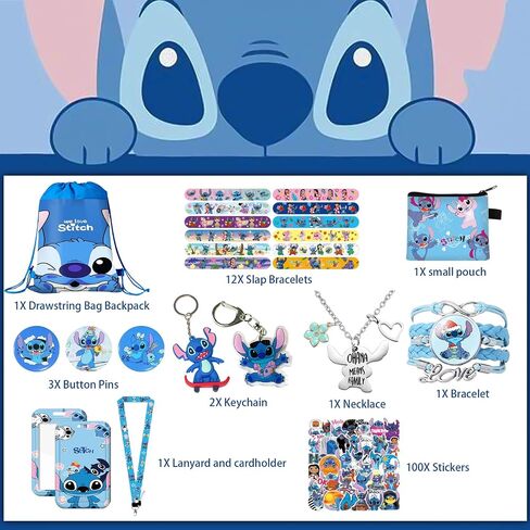 Stitch Merchandise Gift Set for Girls Drawstring Bag, Stickers, Lanyard, Necklace, Bracelet, Keychain and Button Pin in Saudi Arabia