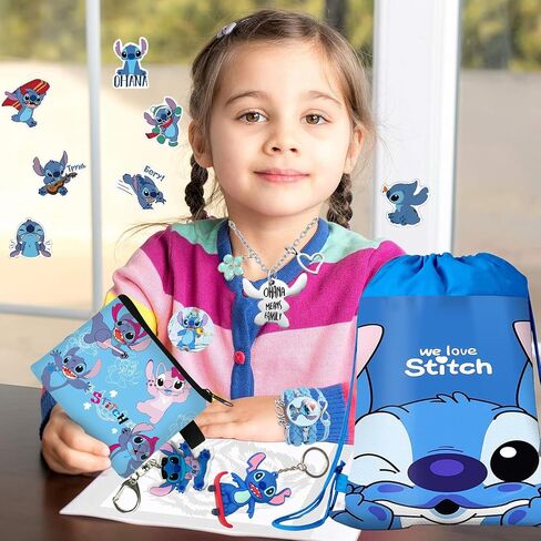 Stitch Merchandise Gift Set for Girls Drawstring Bag, Stickers, Lanyard, Necklace, Bracelet, Keychain and Button Pin in Saudi Arabia