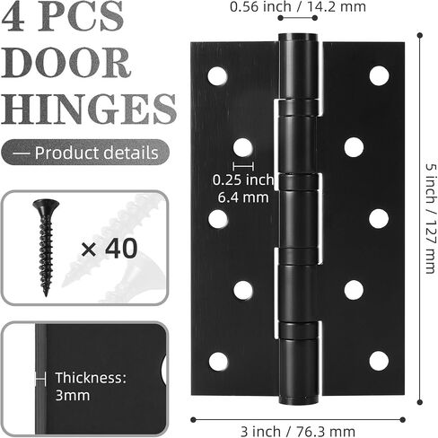 4Pcs Stainless Steel 5'' Door Hinges, 5 x 3 Inch Door Hinge with Ball Bearing, Heavy Duty Door Hardware, Door Hinges with Square Corners (Black) in Saudi Arabia