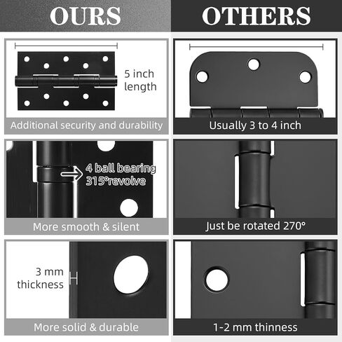4Pcs Stainless Steel 5'' Door Hinges, 5 x 3 Inch Door Hinge with Ball Bearing, Heavy Duty Door Hardware, Door Hinges with Square Corners (Black) in Saudi Arabia