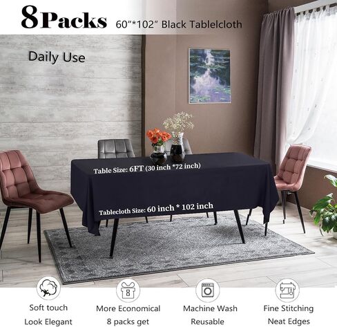 8 Packs Black Tablecloths 60x102 Inch Fabric Rectangular Table Cloths For 6 Foot Rectangle Tables, Wrinkle Resistant Polyester Tablecloth Washable Table Cloth Rectangle Table For Wedding Party Banquet in Saudi Arabia