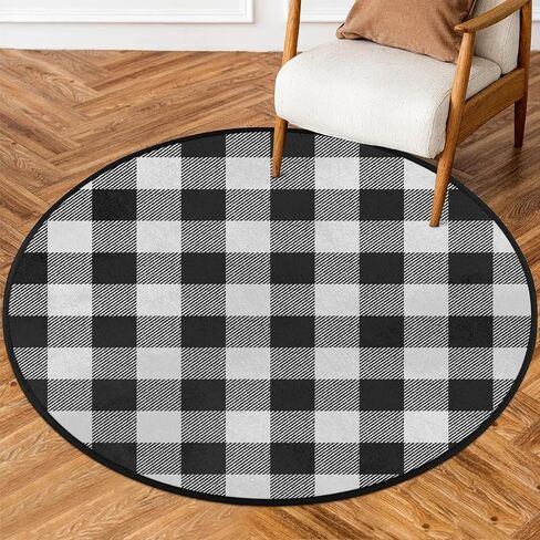 Buffalo Plaid Round Area Rug 5ft, Black White Checkered Washable Circle Rugs Non Slip Circular Rug Soft Indoor Floor Carpet for Bedroom Living Room Nursery Kitchen in Saudi Arabia