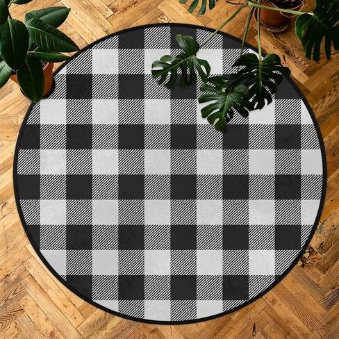 Buffalo Plaid Round Area Rug 5ft, Black White Checkered Washable Circle Rugs Non Slip Circular Rug Soft Indoor Floor Carpet for Bedroom Living Room Nursery Kitchen in Saudi Arabia