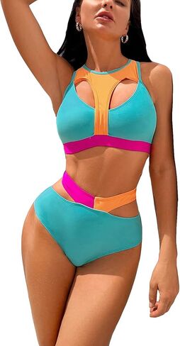 OYOANGLE Women's 2 Piece Swimsuits Colorblock Cut Out Wireless High Neck Top and High Waist Panty Bikini Sets in Saudi Arabia