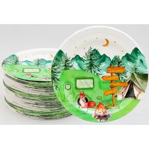 50Pcs Camping Party Supplies Camping Party Paper Plates,7"Happy Camper Dessert Plates for Camping Adventure Themed Woodland Baby Shower Forest Hiking Camp-Fire Camping Birthday Party Decorations