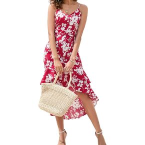 BLUEMING Women's 2023 Bohemian Floral Printed V Neck Ruffle Hem A-Line Short Sleeve Split Beach Party Maxi Dress