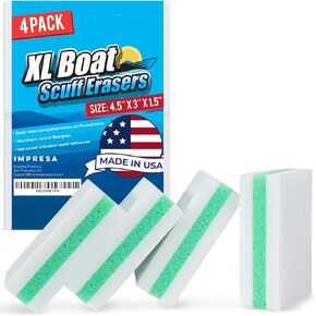 Boat Scuff Eraser 4 Pack - XL Eraser Boat Cleaner - Made in USA- Effectively Cleans Marks & Dirt from Fiberglass, Aluminium, Gelcoat, Plastic & Metal - Marine Vessel Products Boat Scuff Accessories