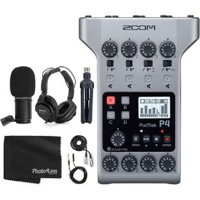 Zoom PodTrak P4 Portable Multitrack Podcast Recorder + Zoom M-1 Mic + Headphones + Windscreens + XLR Cable + Tabletop Stand + Cloth – 1 Person Podcasting Mic Pack Bundle
