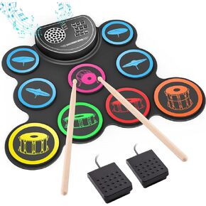 Electronic Drum Set, 9-Drum Practice Pad with Headphone Jack, Roll-up Drum Kit Machine with Built-in Speaker Drum Pedals and Sticks 10 Hours Playtime, Great Christmas Holiday Gift for Kids