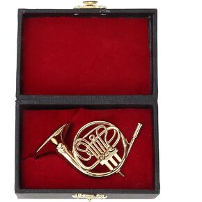 Mini French Horn Ornament, Golden Miniature French Horn with Stand Musical Instrument Model Figurine Ornament for Music Lover