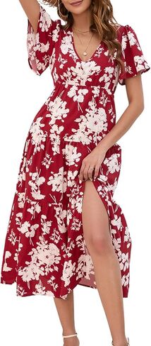 BLUEMING Women's 2023 Bohemian Floral Printed V Neck Ruffle Hem A-Line Short Sleeve Split Beach Party Maxi Dress in Saudi Arabia