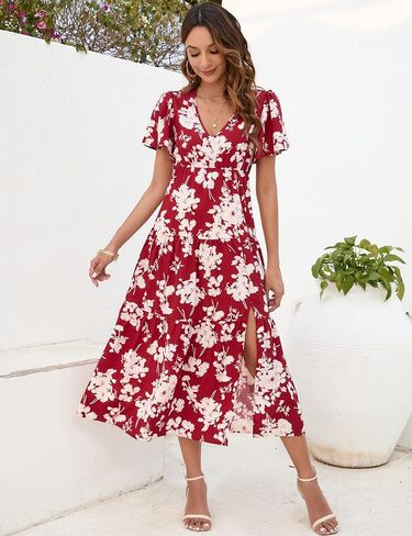 BLUEMING Women's 2023 Bohemian Floral Printed V Neck Ruffle Hem A-Line Short Sleeve Split Beach Party Maxi Dress in Saudi Arabia