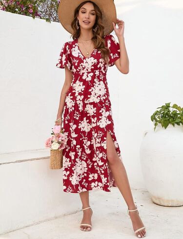 BLUEMING Women's 2023 Bohemian Floral Printed V Neck Ruffle Hem A-Line Short Sleeve Split Beach Party Maxi Dress in Saudi Arabia
