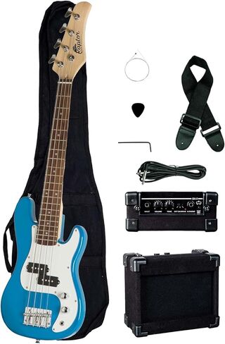 رابتور 3/4 مقاس 38 بوصة للأطفال الصغار 4 أوتار كهربائية P Bass - أزرق مع 5 وات أمبير، حقيبة جيجا، حزام، كابل، اختيار in Kuwait