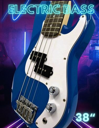 رابتور 3/4 مقاس 38 بوصة للأطفال الصغار 4 أوتار كهربائية P Bass - أزرق مع 5 وات أمبير، حقيبة جيجا، حزام، كابل، اختيار in Kuwait