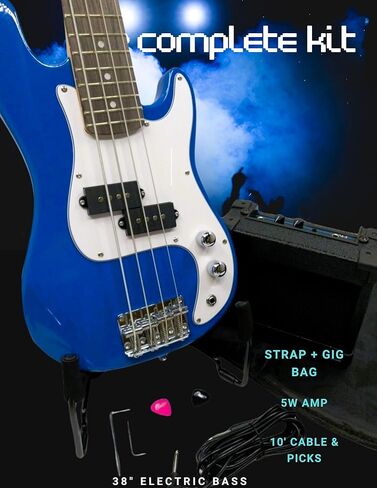 رابتور 3/4 مقاس 38 بوصة للأطفال الصغار 4 أوتار كهربائية P Bass - أزرق مع 5 وات أمبير، حقيبة جيجا، حزام، كابل، اختيار in Kuwait