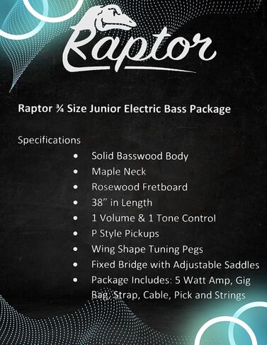 رابتور 3/4 مقاس 38 بوصة للأطفال الصغار 4 أوتار كهربائية P Bass - أزرق مع 5 وات أمبير، حقيبة جيجا، حزام، كابل، اختيار in Kuwait