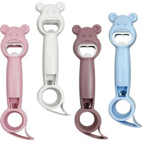 4 in 1 Beer Bottle Opener, Cute Bear Multifunction Jar Opener Kitchen Tools, Protect the Nail Arthritic hands, Use for Jelly Jars, Wine, Cans, Sauce Bottles,Beverage Bottles (4 Pcs-mix Colors)