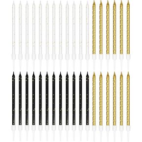 Nuanchu 36 Pieces Gold, Black, White Birthday Candles Spiral Cake Candles Cake Cupcake Candles Long Thin Birthday Candles with Holders for Birthday Wedding Party Cake Decorations