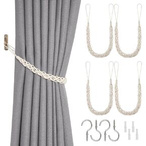 NICEEC 2 Pack Wax Rope Curtain Tiebacks Elegant Boho Style Decorative Drape Tie Backs Unique Hand-Woven Rope Curtain Holdbacks with Metal Hook for Home & Office Drapery (White)
