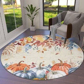 Blue Orange Thanksgiving Fall Round Area Rugs Collection 5', Non Slip Indoor Circular Throw Runner Rug Floor Mat Carpet for Living Room Dining Table Bedroom Nursery Maple Leaf Pumpkins Rustic