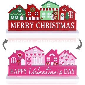 Christmas Decorations Indoor for Home,MEETYAMOR Double side Merry Christmas and Valentine's Day Word Sign Wooden Rustic Farmhouse Table Decor Living Room, Mantle,Fireplace,Tabletop