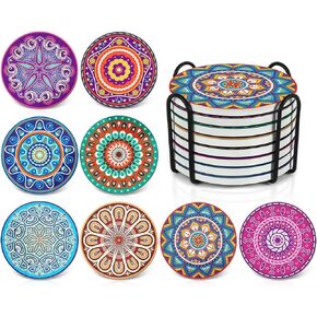 Darate Absorbent Coasters with Holder Set of 8, Coasters for Drinks, Unique Housewarming Gift, 4 Inch Round Coaster for Bedroom, Home, Office, Bar, Dining Room, Living Room, Kitchen (Mandala)