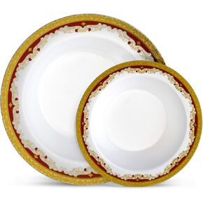 32-pc Disposable Plastic Thanksgiving Dinnerware Set with Burgundy Rim & Gold Accents by Laura Stein