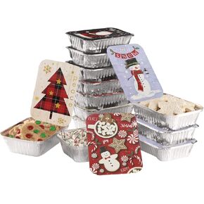 GIA'SKITCHEN Disposable Aluminum Pans with Lids, 24 Piece, Set of 12 - Heavy Duty Foil Pans with Lids Perfect for Leftovers, Holiday Treats, Gift Giving - Assorted Snowman Rectangular