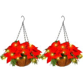 JUOPZKENN 2PCS Prelit Artificial Christmas Hanging Basket, Artificial Poinsettia Hanging Basket Christmas Decoration Pendant with LED Lights, Fake Floral Arrangement Ornaments Xmas Holiday Favor
