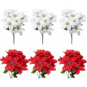 6Pcs Artificial Poinsettia Christmas Flower, Poinsettia Bouquet Golden Stamen Faux DIY Holiday Flower Arrangements for Indoor Outdoor Xmas Decor/2 Color